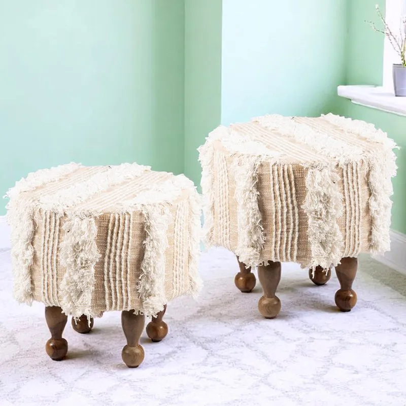 Dverix Acacia Wooden Ottomans (Beige) - Set Of Two media 1