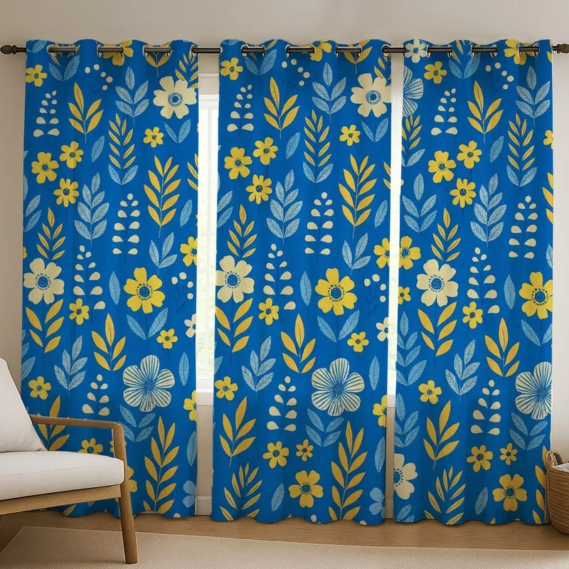 PetalPop Cotton Curtains (blue,yellow) - Set Of Three media 1