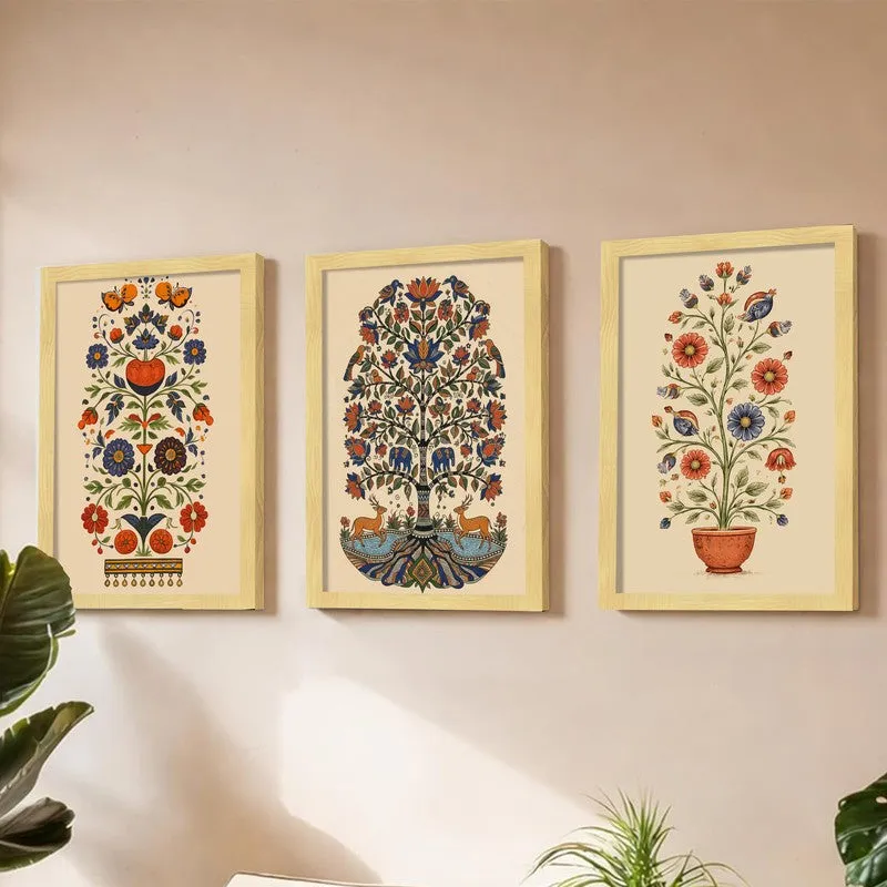 Indian Folk Floral Paper Wall Painting With Frame - Set Of Three media 3