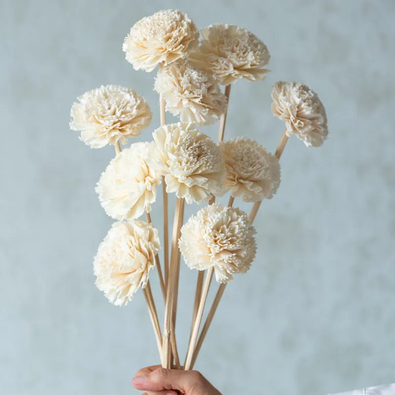 Close view of ten white sola flower sticks gathered as a bouquet
