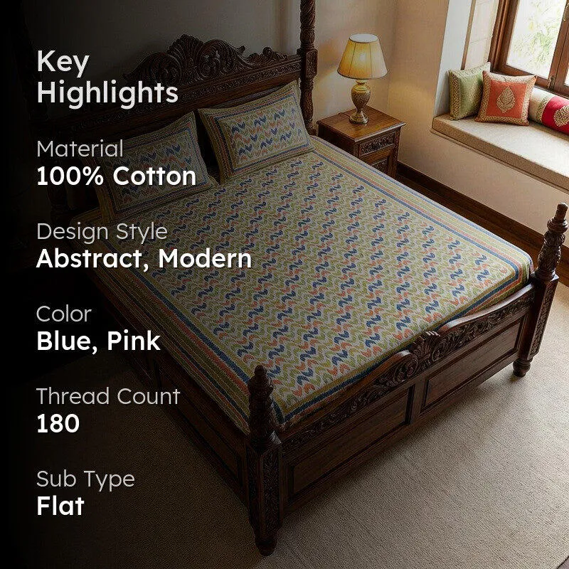 Vance Abstract Cotton Bedsheet (Blue,Pink) - 180 TC media 2