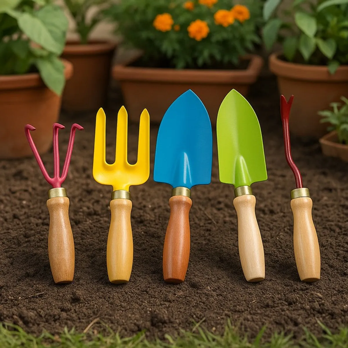 Five colourful garden tools standing upright in soil among potted plants