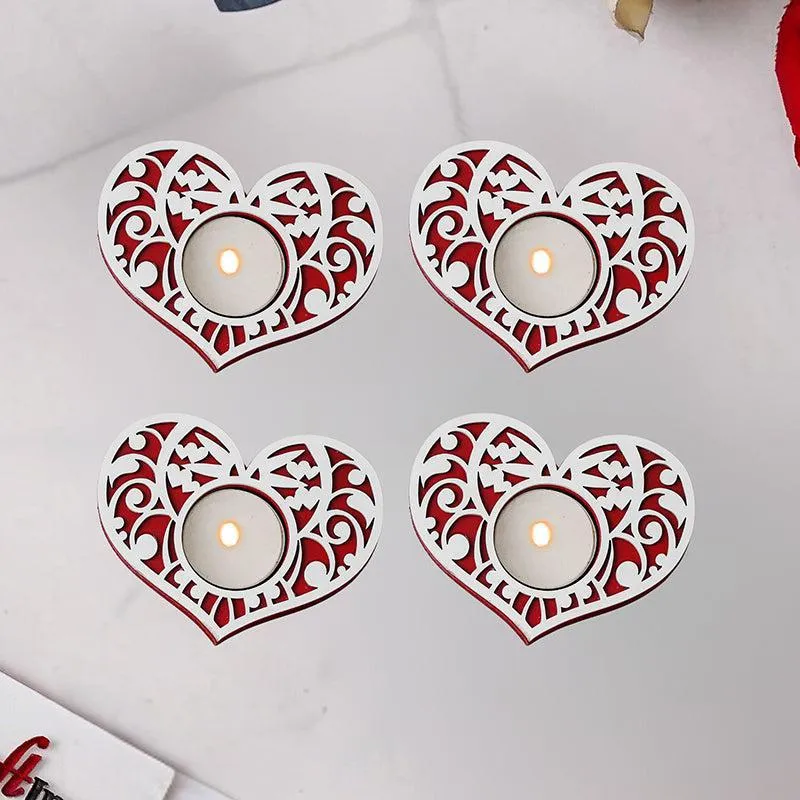 Intricate Heart Wood Tea Light Holder (Red) - Set Of Four media 1