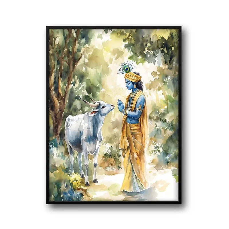 Krishna Spiritual Archival Paper Wall Painting With Frame - Black media 5