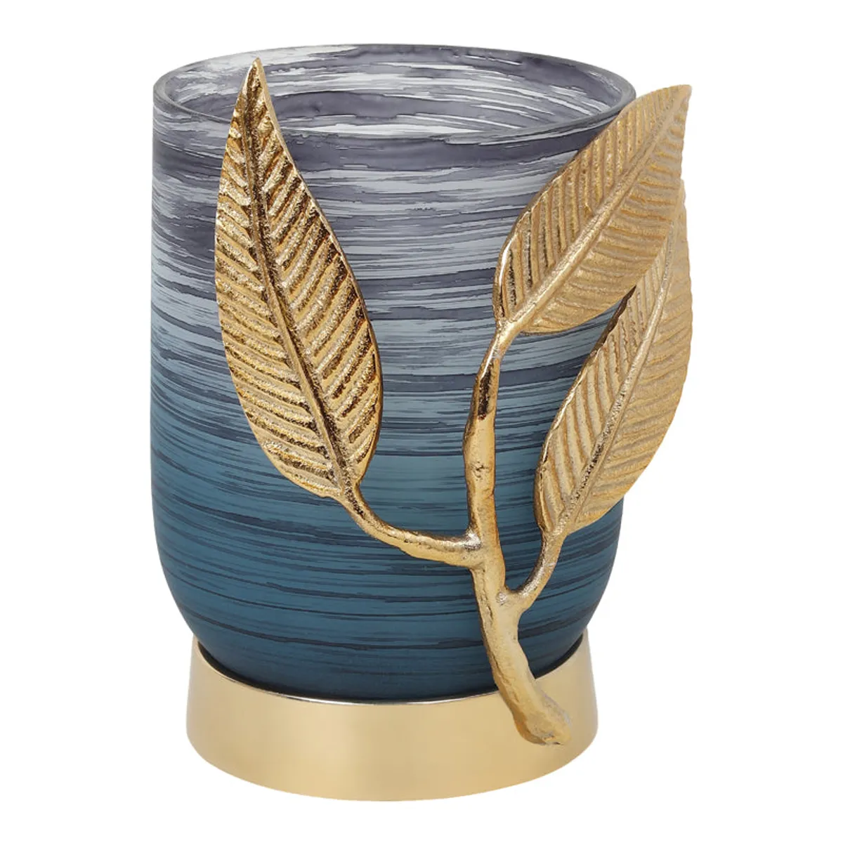 Blue and grey cylindrical vase with gold leaf motif and gold base