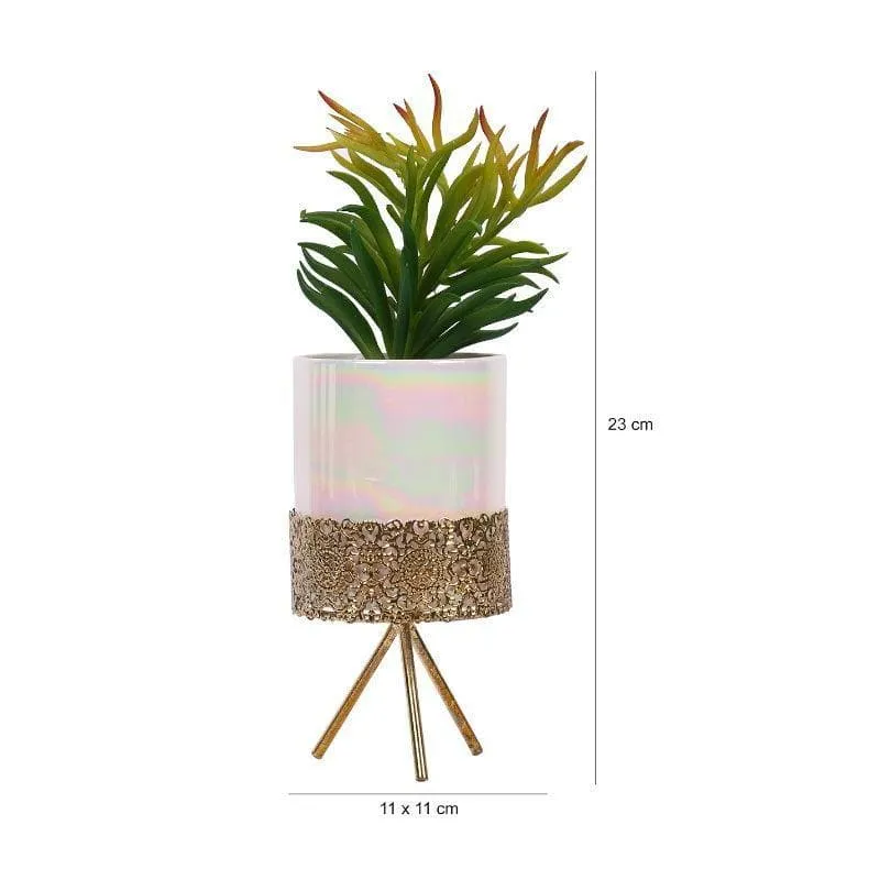 Faux Red Senecio In Ceramic Pot With Tripod - 24.5 cms media 5