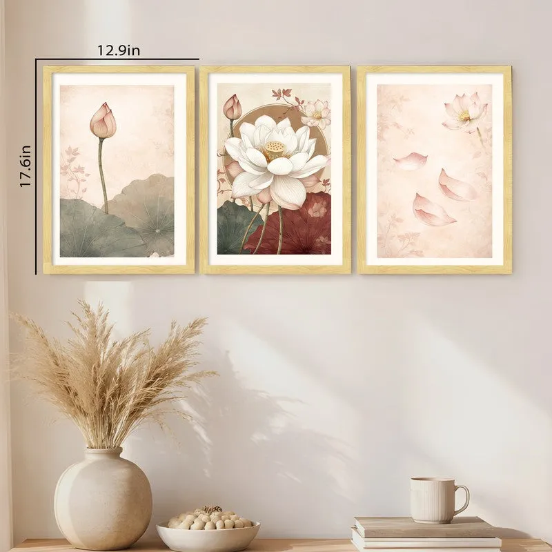 Blooming Lotus Paper Wall Painting With Frame - Set Of Three media 12