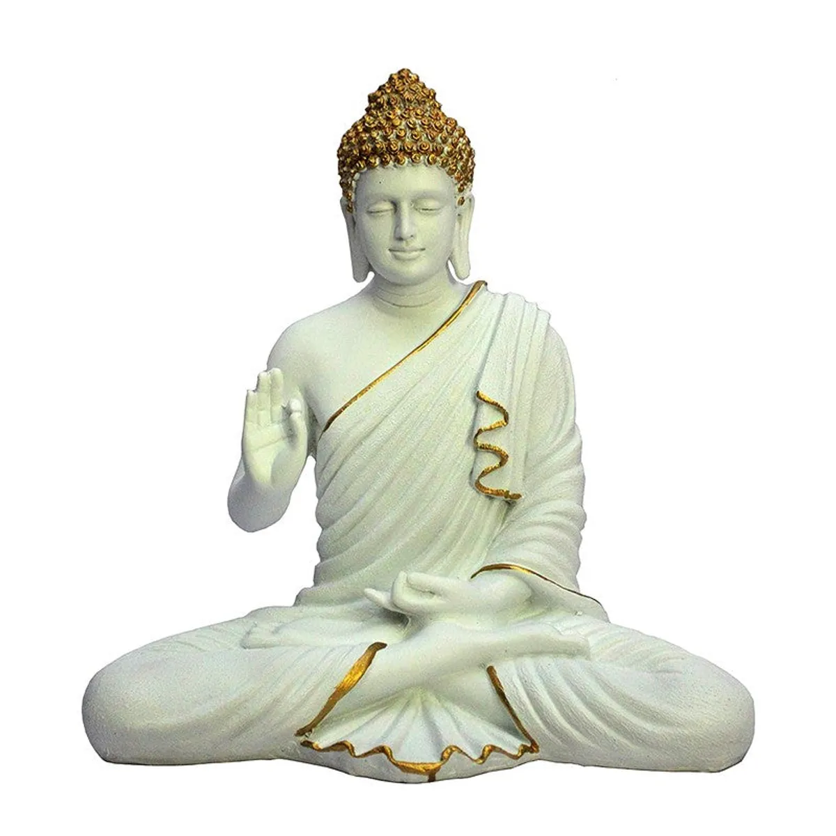 White seated Buddha showpiece with gold accents on a plain background