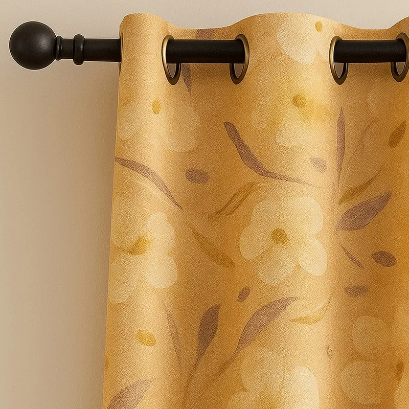 Mustard Floral Printed Curtain - Set Of Three media 3
