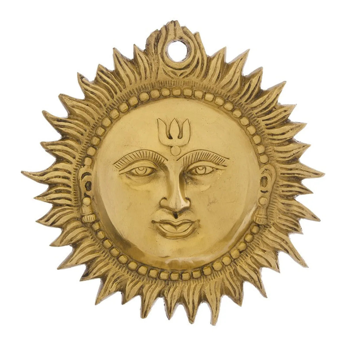 Front view of a round gold brass wall hanging