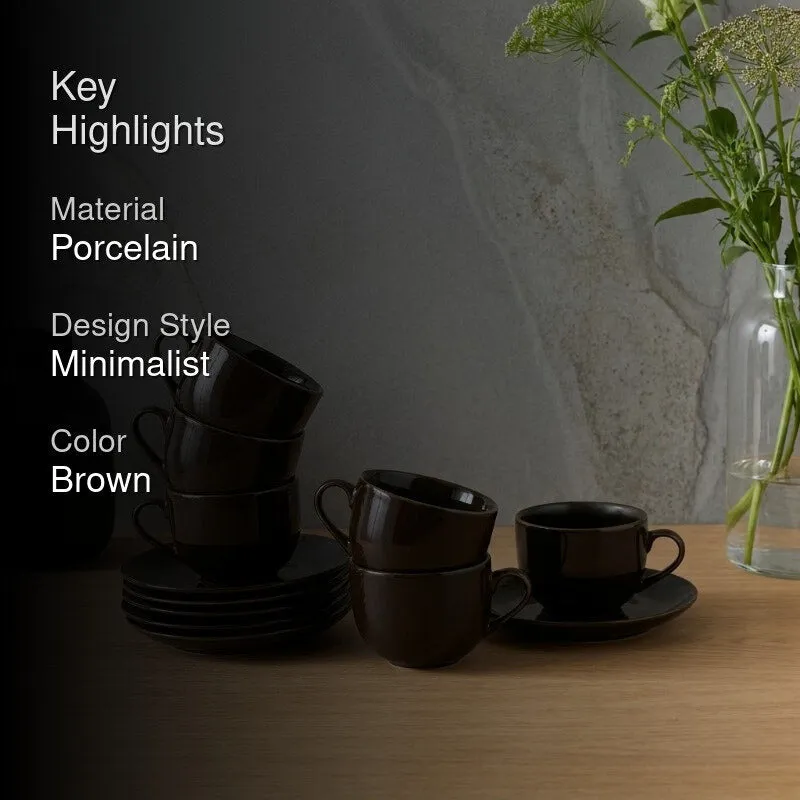 MorningSip Porcelain Cup & Saucer (Brown/240 mL Each) - Set of Six - 2