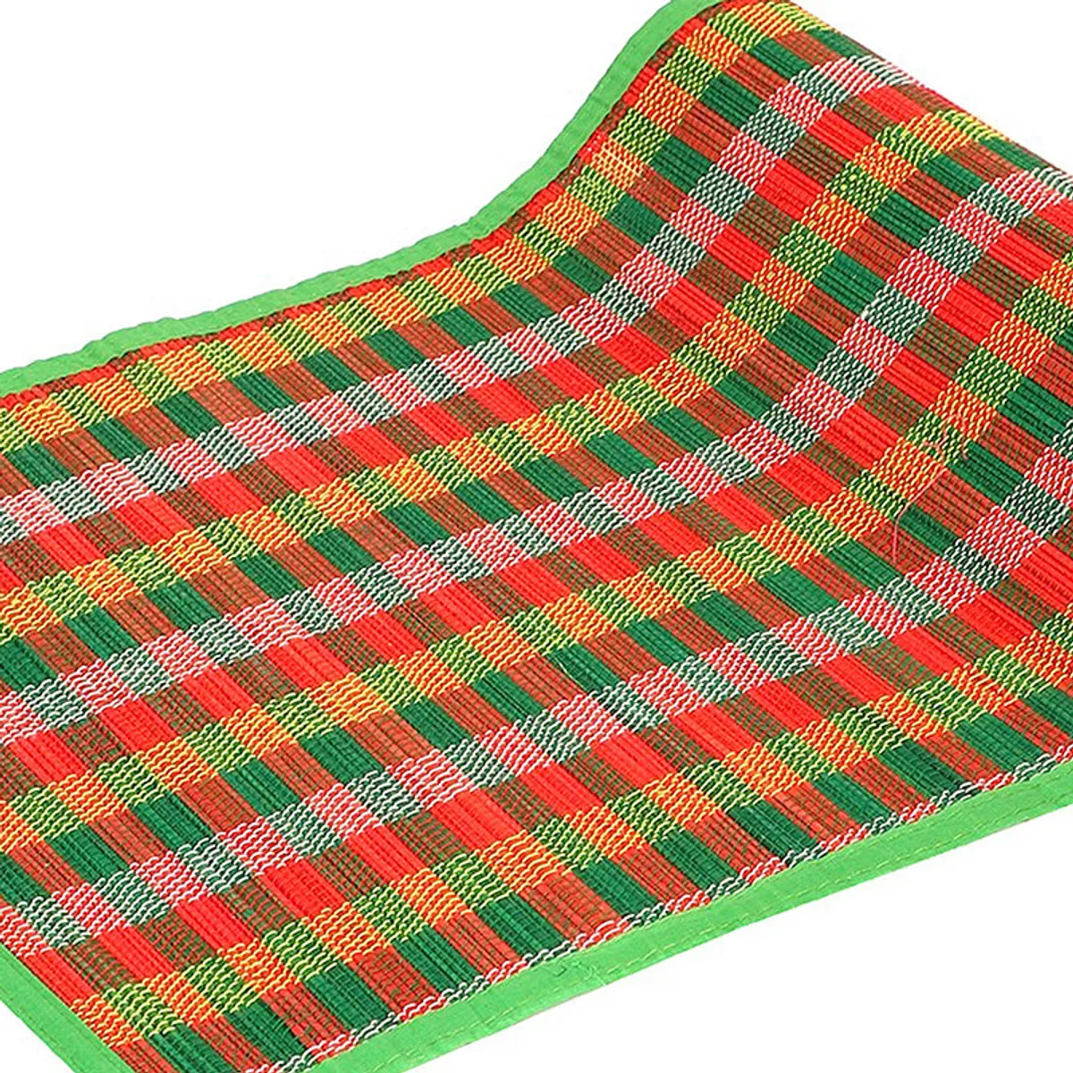 Close-up of the runner's colourful green, red and orange checked texture