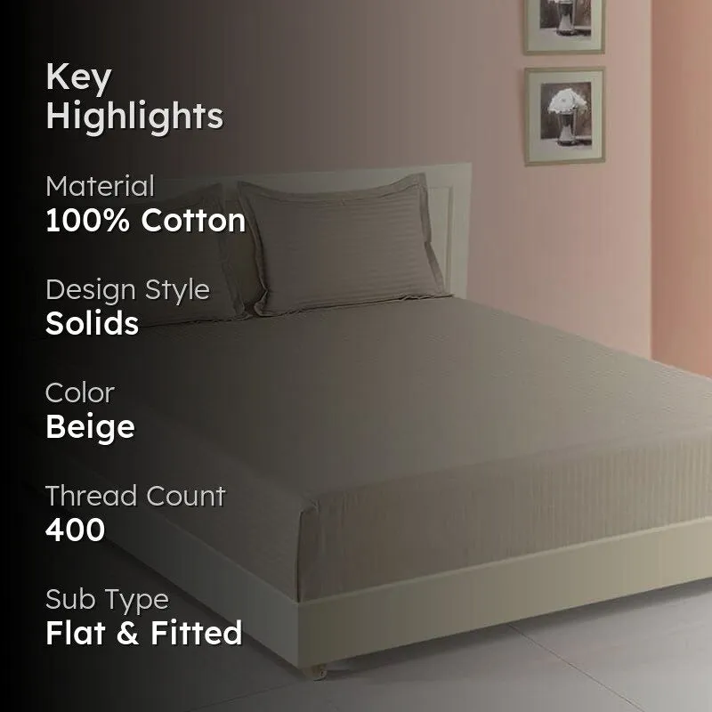 Beige striped bedsheet with matching pillows and text overlay