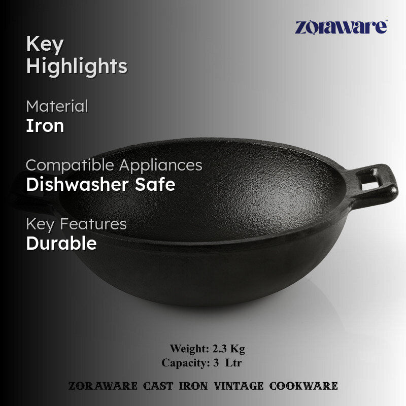 Zoraware Cast Iron Kadhai- 3000 mL media 2