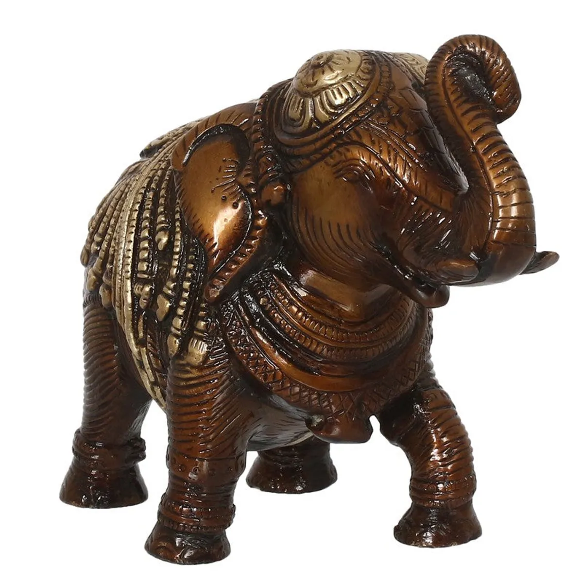 Three-quarter view of elephant figurine with detailed carved surface
