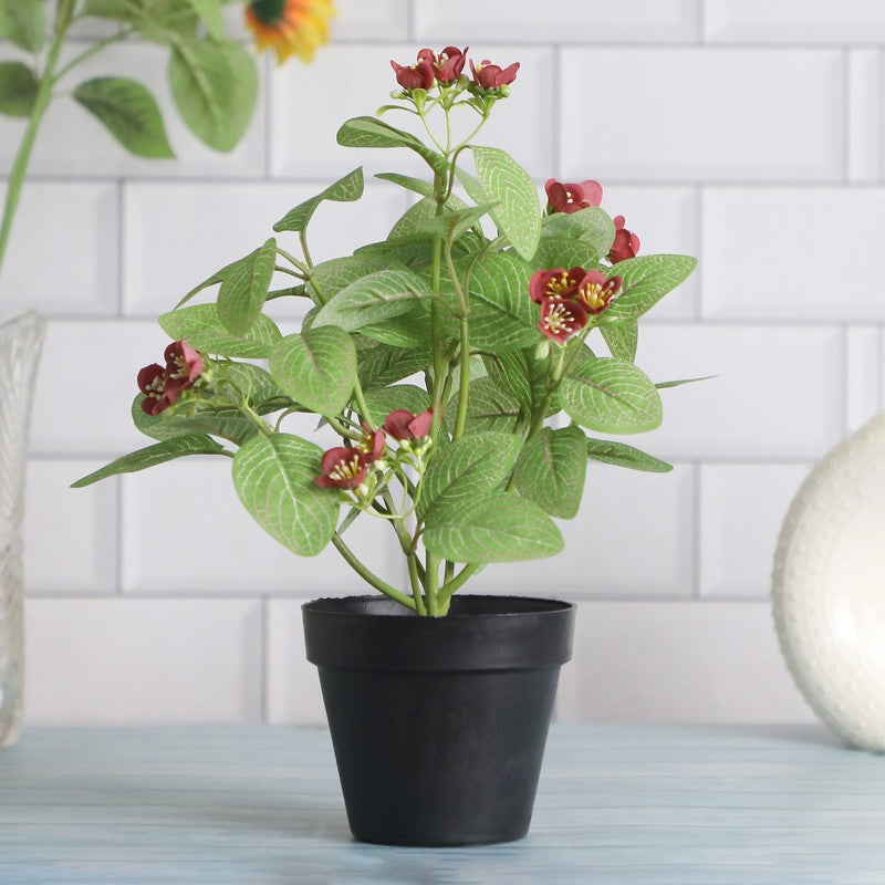 Artificial Red Blossom Plant With Black Plastic Pot