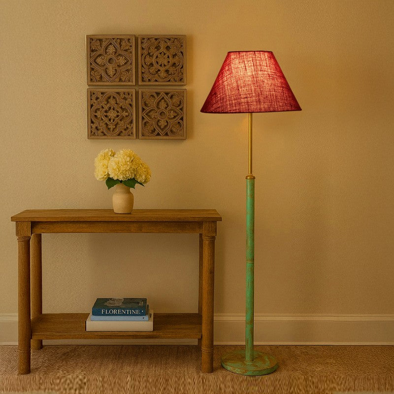 Chrome Arc Wooden Floor Lamp - Maroon