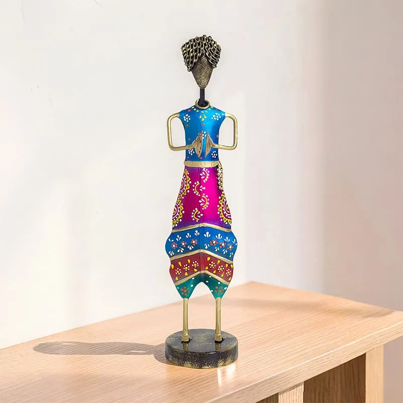 Folk Lady Dholak Player Iron Showpiece - Blue media 1