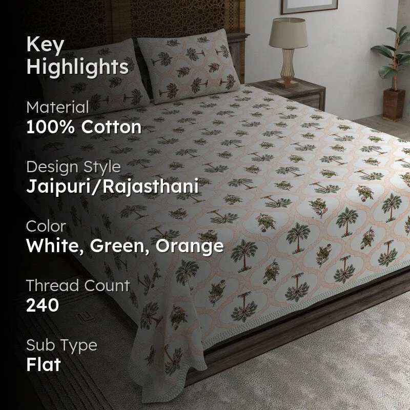 Desion Cotton Bedsheet (White,Green,Orange) - 240 TC media 2