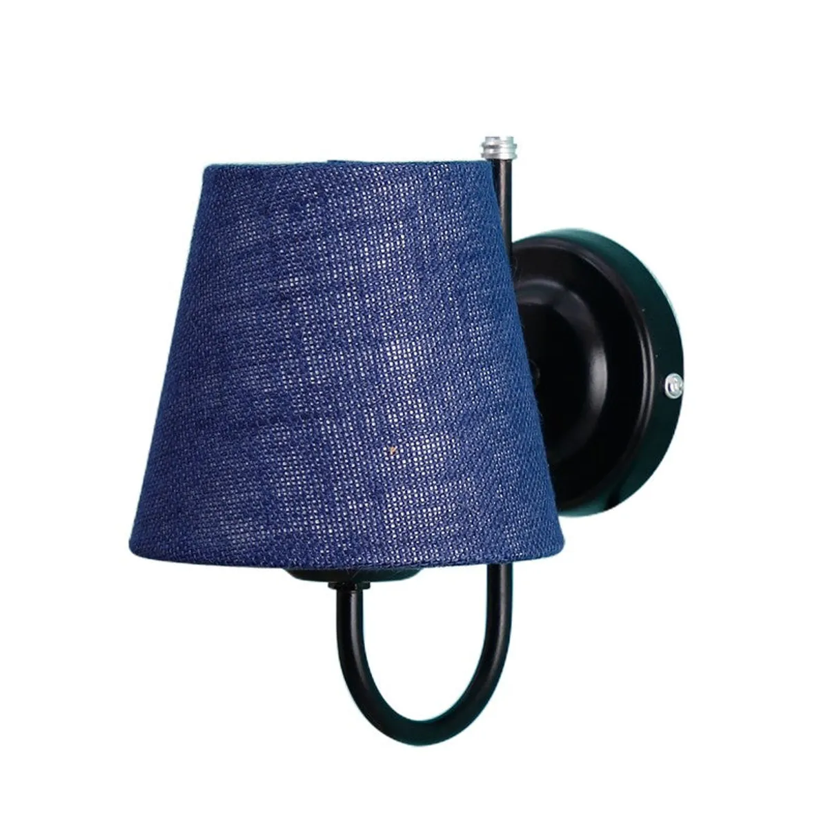 Blue jute wall lamp with black metal wall mount on white background