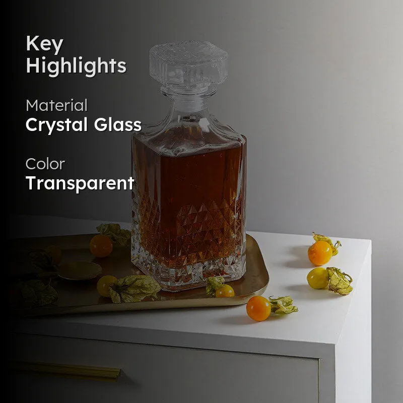 Transparent crystal glass decanter with stopper on a tray