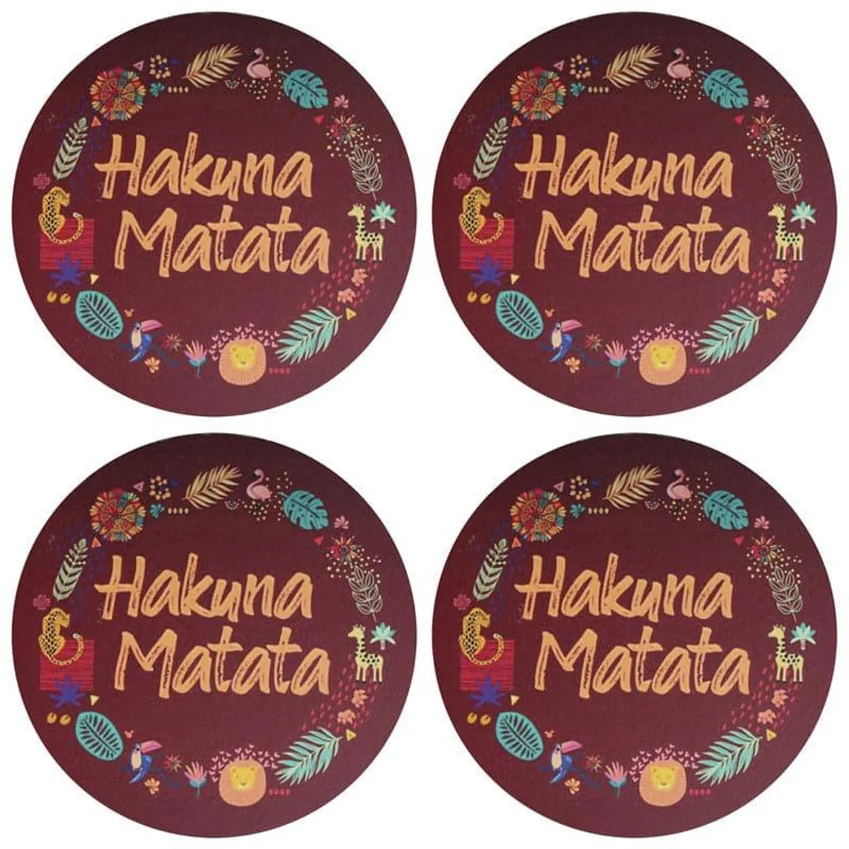 Set of four round Hakuna Matata coasters on a white background