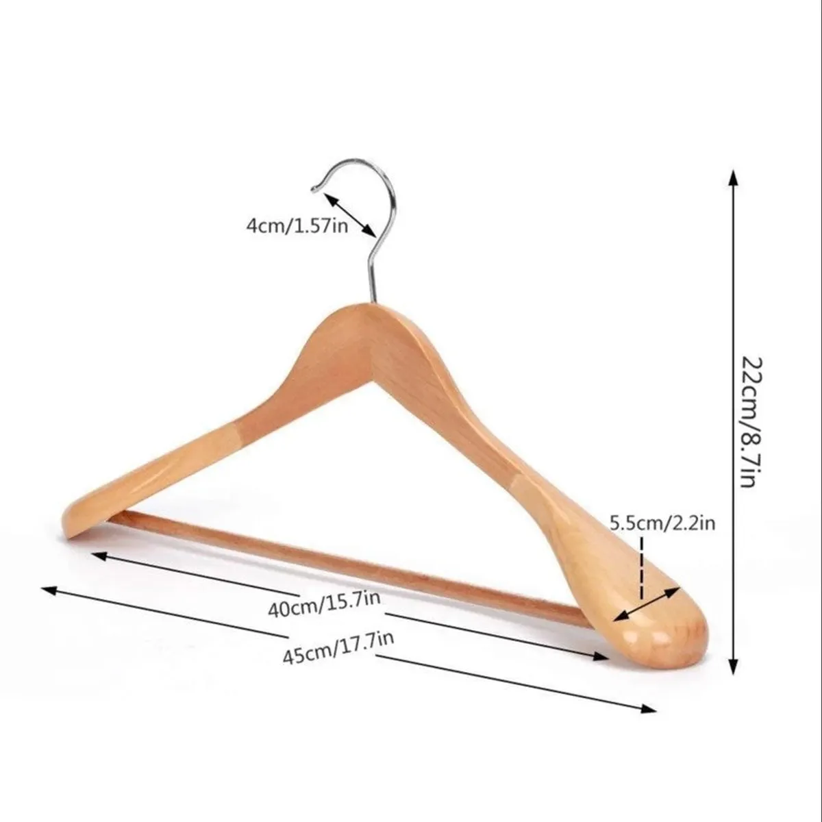 Single wooden hanger with metal hook on a white background