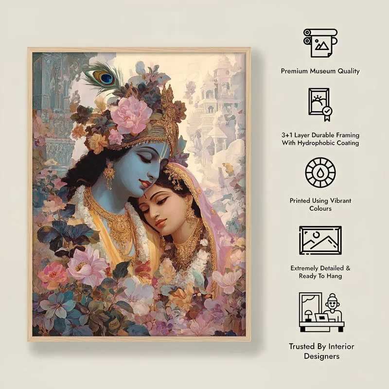 Sri Radha Krishna Blissful Archival Paper Wall Art - Natural Brown Frame media 8