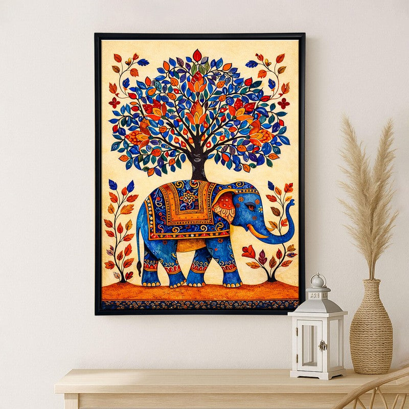 Madhubani Elephant Canvas Wall Painting With Frame media 3