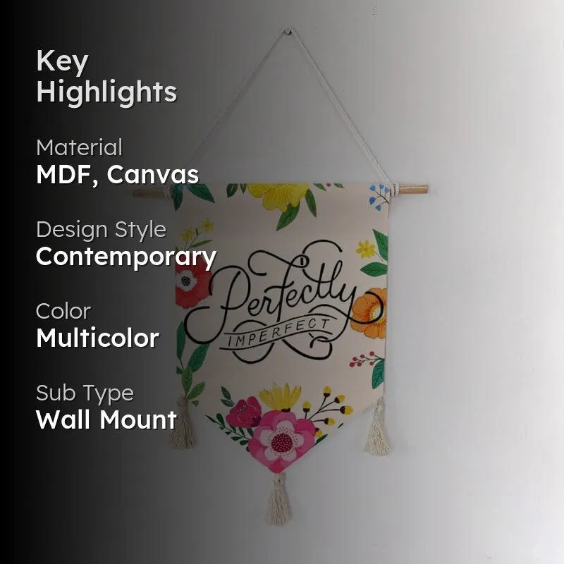 Canvas wall hanging with floral design and tassels shown with key highlights