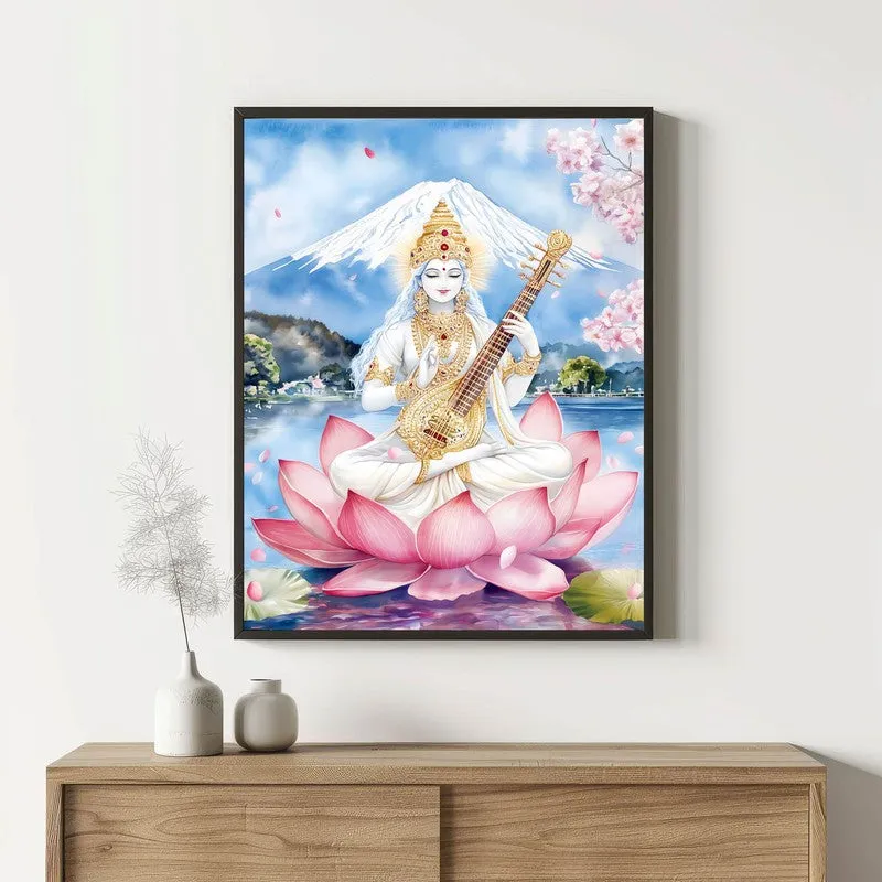 Padmasana Saraswati Spiritual Archival Paper Wall Painting With Frame - Black media 1