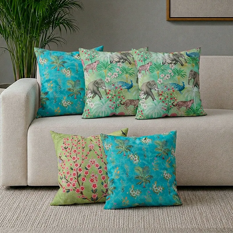 India Circus Rainforest Retreat Printed Velvet Cushion Cover - Set Of Five media 1