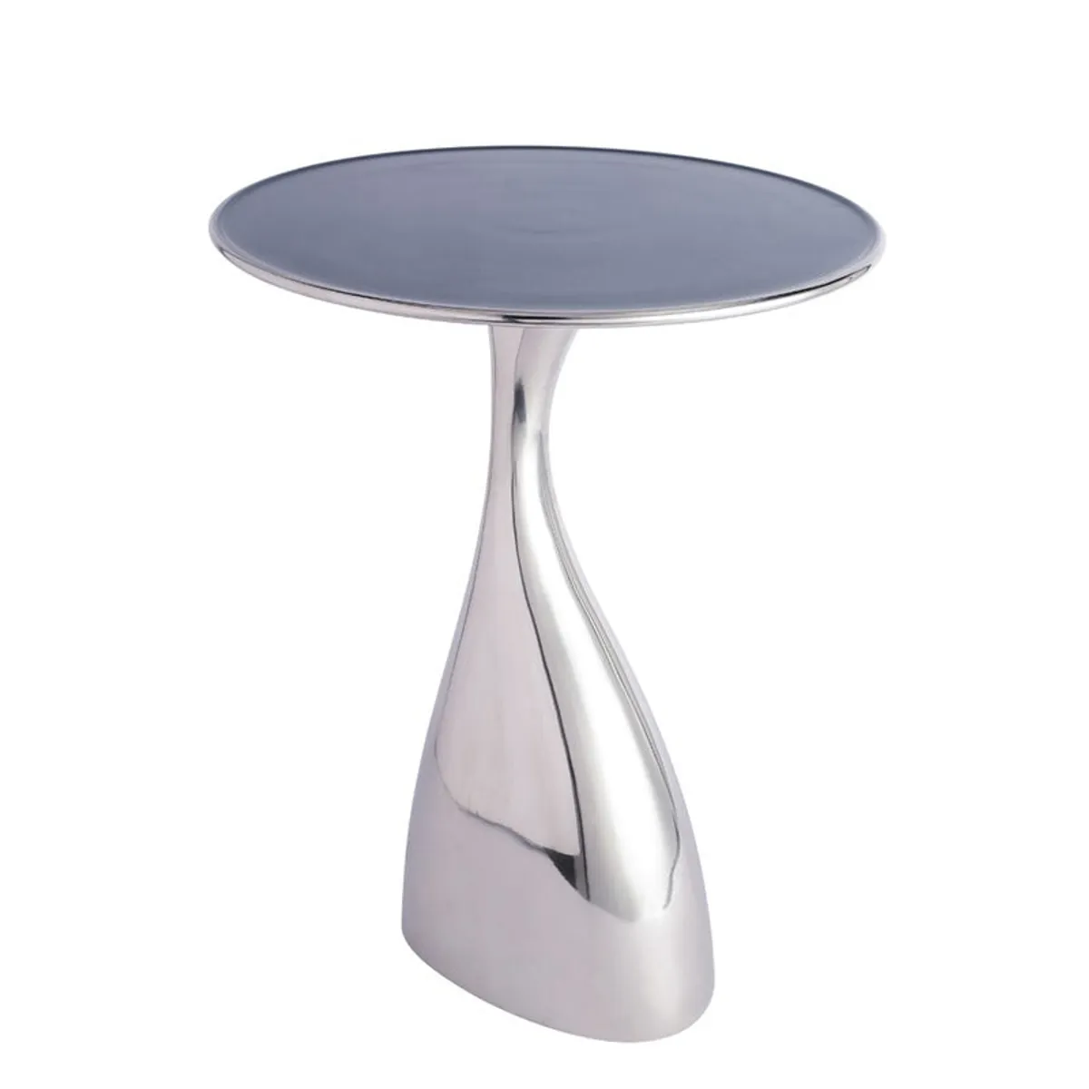 Angled view of a silver side table with a round dark top and curved pedestal base