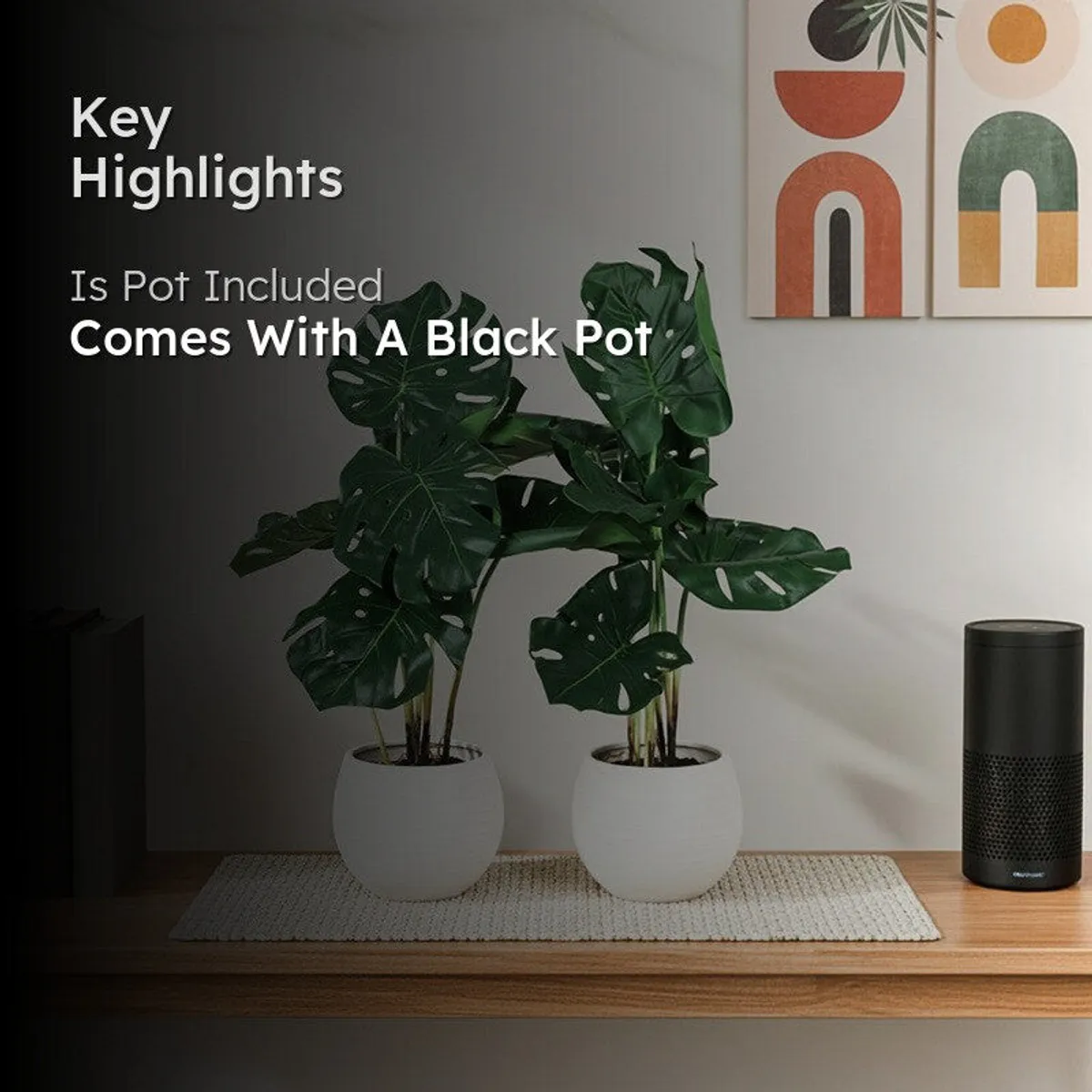 Two artificial Monstera plants styled indoors with black pots and wall art