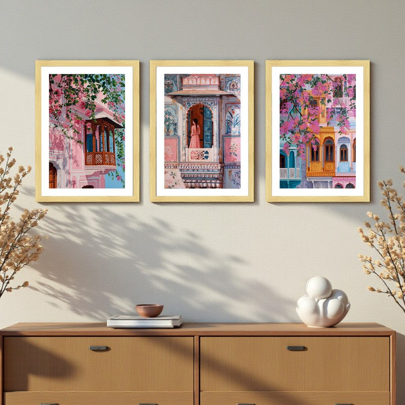 Jaipur Heritage Paper Wall Painting With Frame - Set Of Three