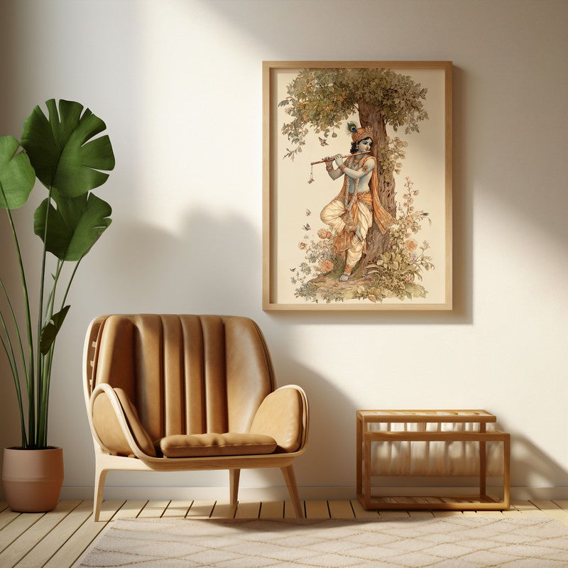 Sri Krishna Murlidhar Divine Archival Paper Wall Art - Natural Brown Frame