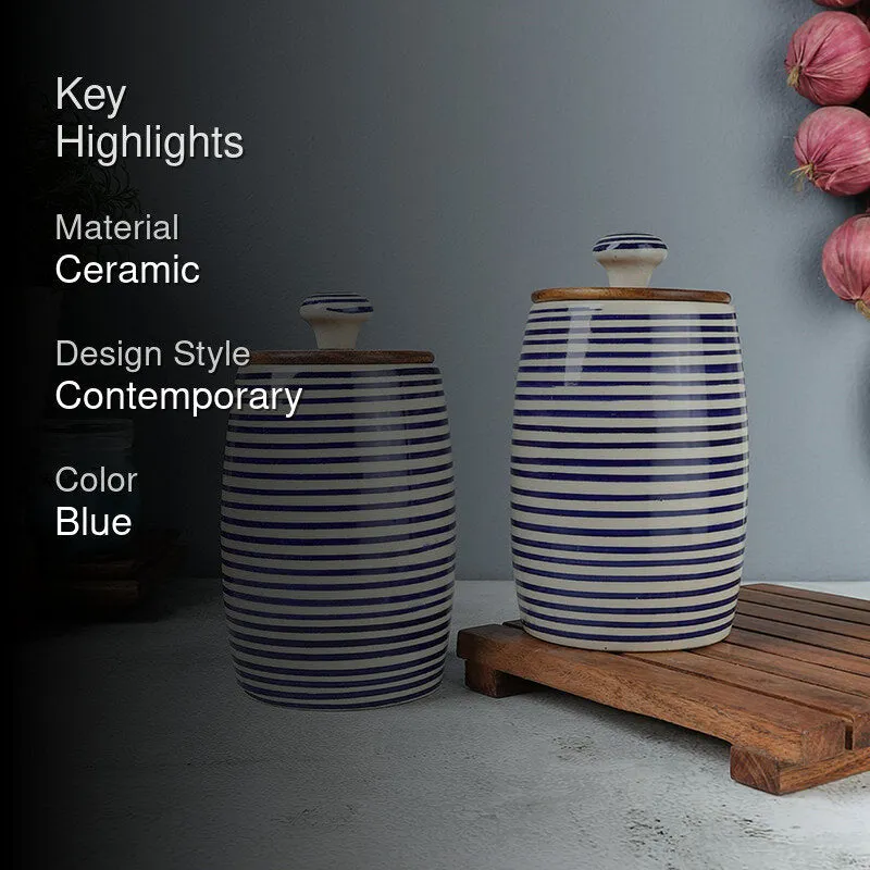 Tiare Curve Ceramic Jar (Blue/550 mL Each) - Set Of Two media 2