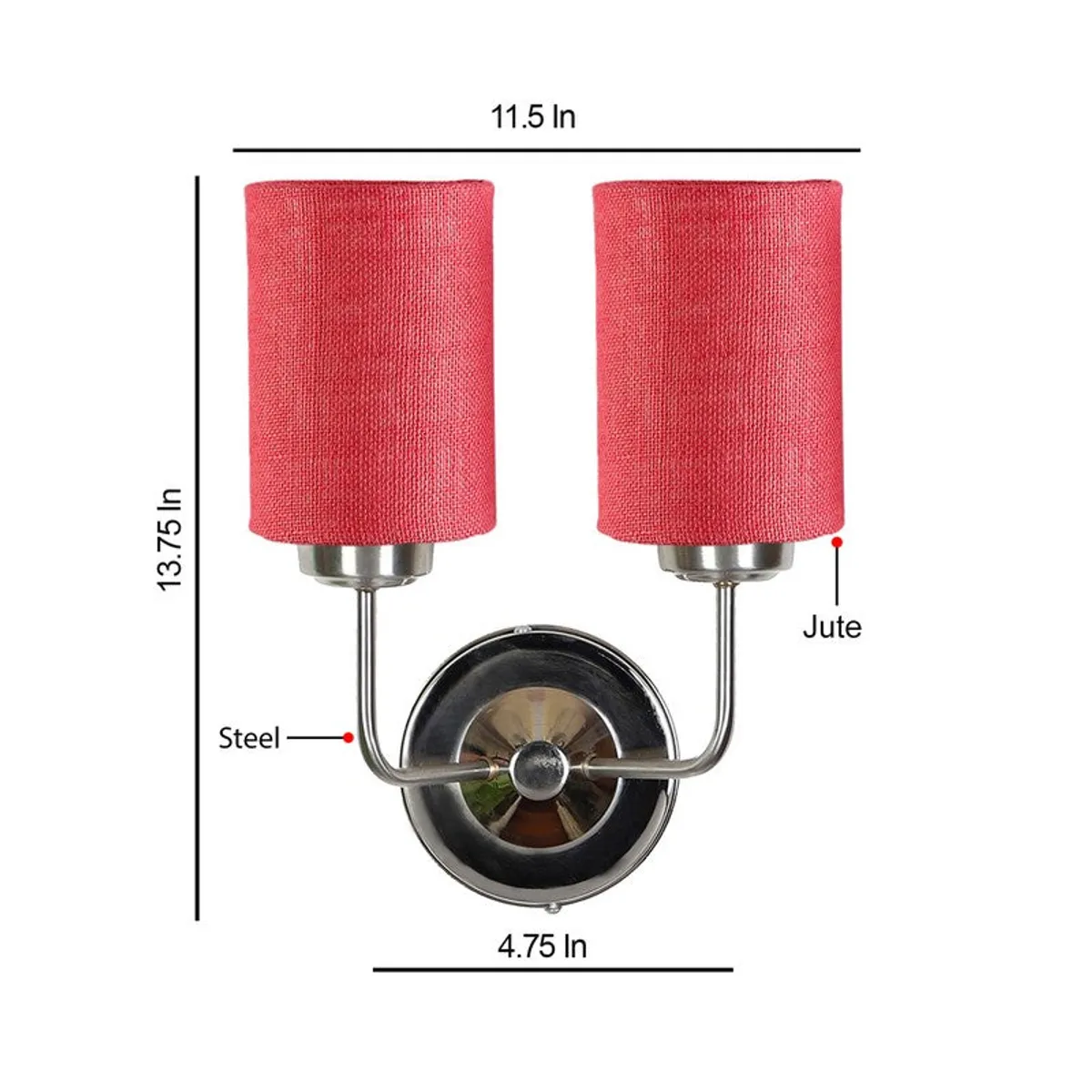 Red double-shade wall lamp with dimensions shown