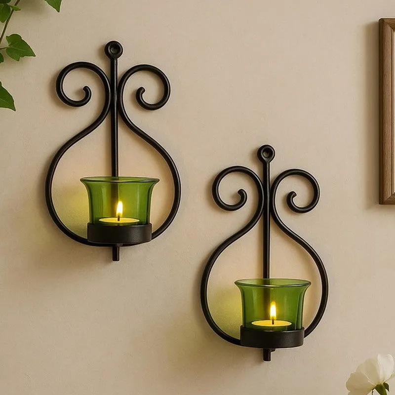 Seina Black Frame Sconce Candle Holder (Green) - Set Of Two media 1