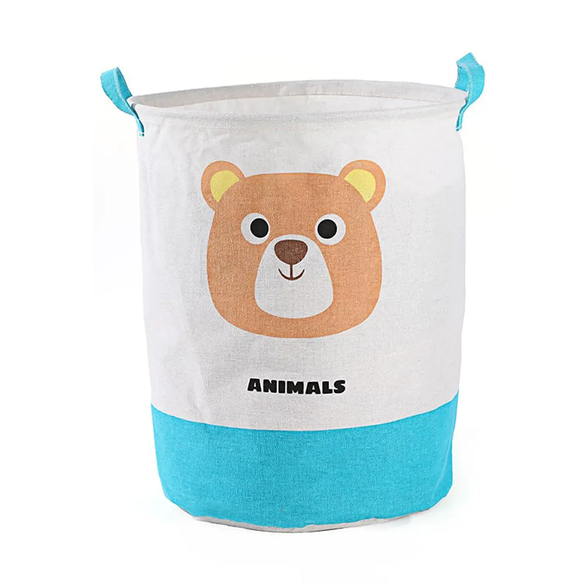 Front view of the bear laundry basket with a blue lower section