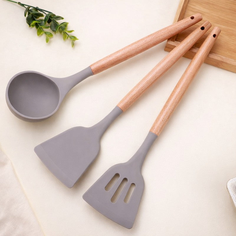 Heat (Resistant Silicone Cooking Utensil Wooden Handles) - Three Piece Set