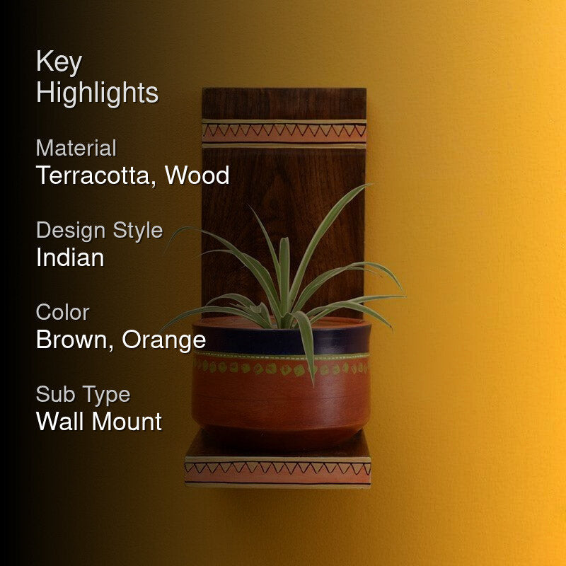 Asoori Wooden Wall Shelf With Earthen Planter - Set Of Two media 2