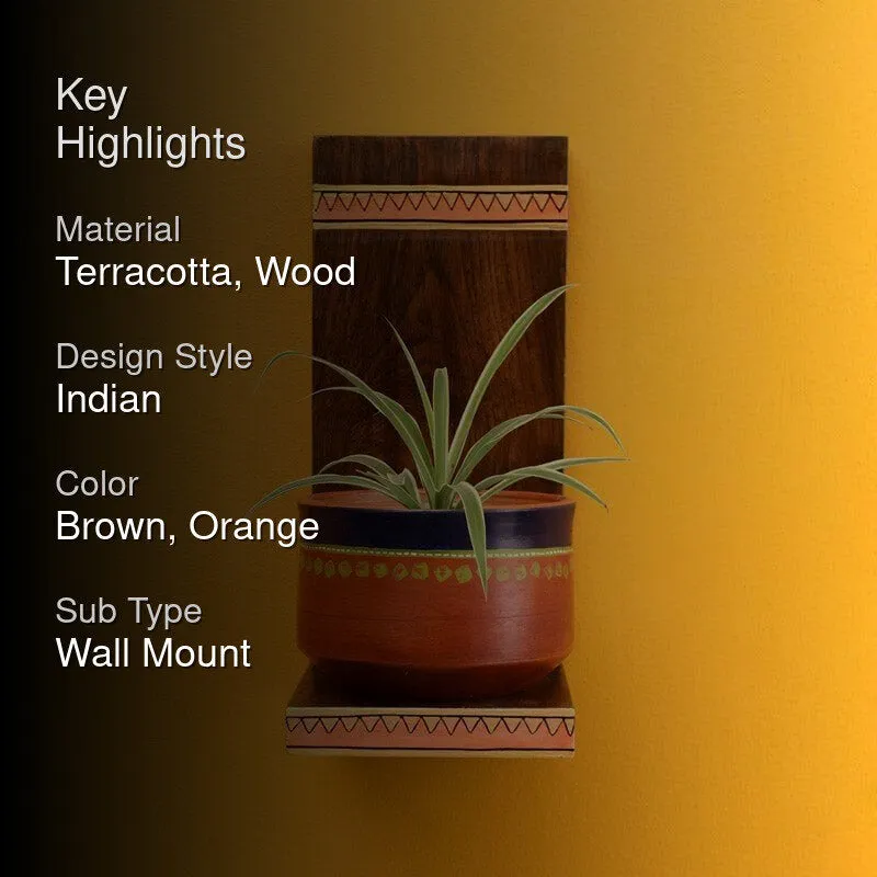 Asoori Wooden Wall Shelf With Earthen Planter - Set Of Two media 2