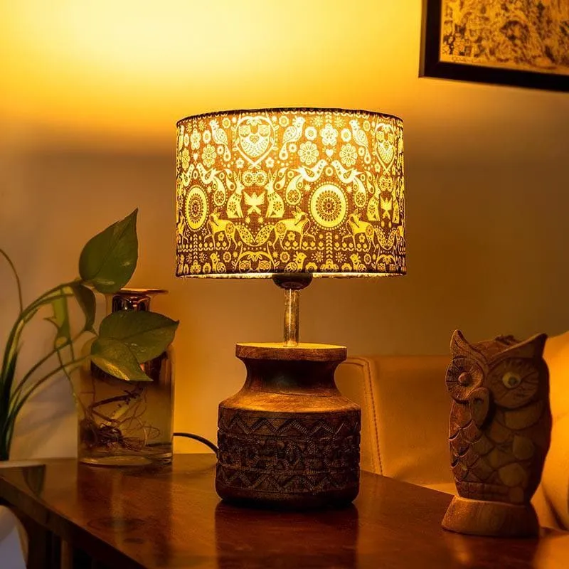 Boho Fauna Carved Fabric Table Lamp - Blue,Brown media 1