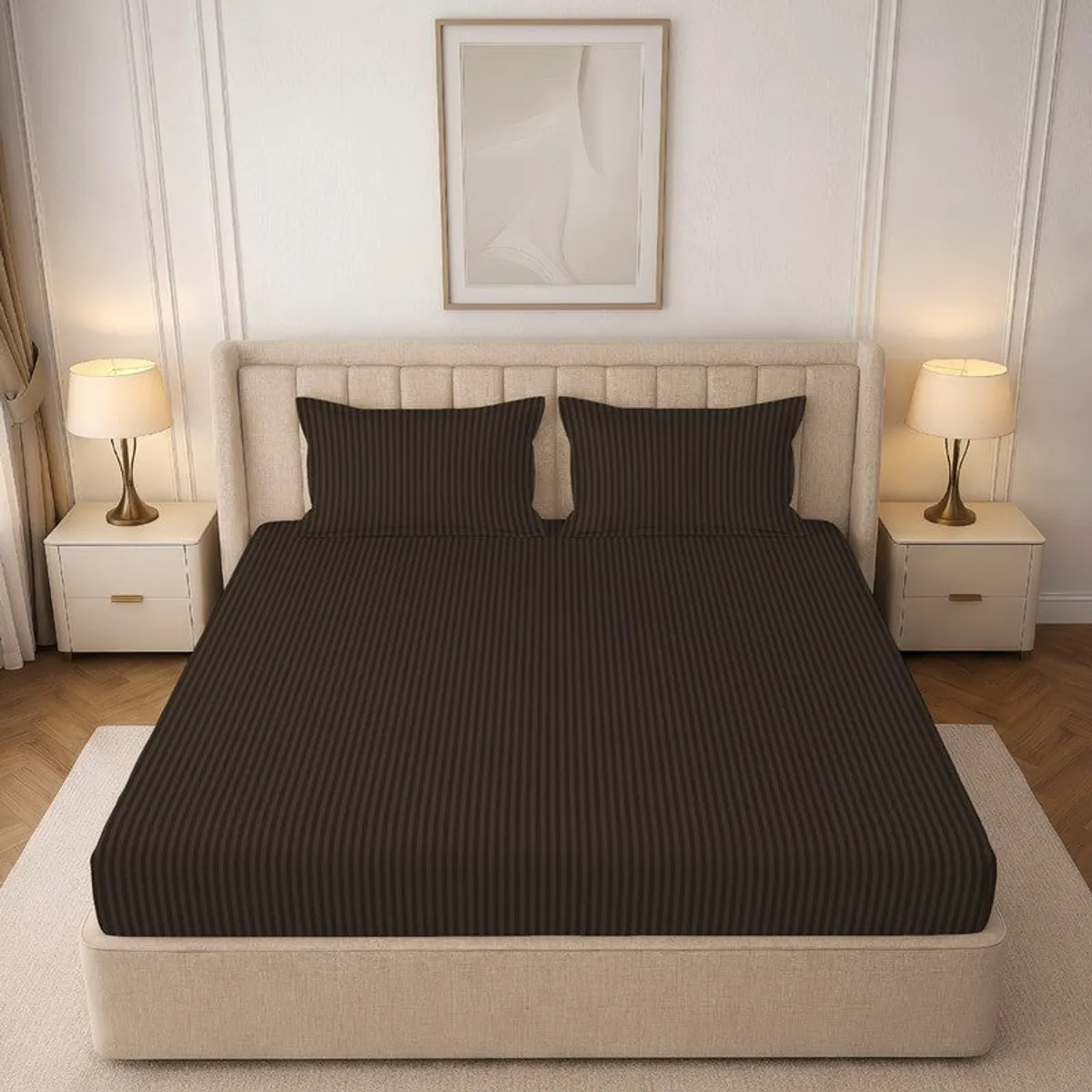 Brown striped fitted bedsheet styled on a double bed with two pillows