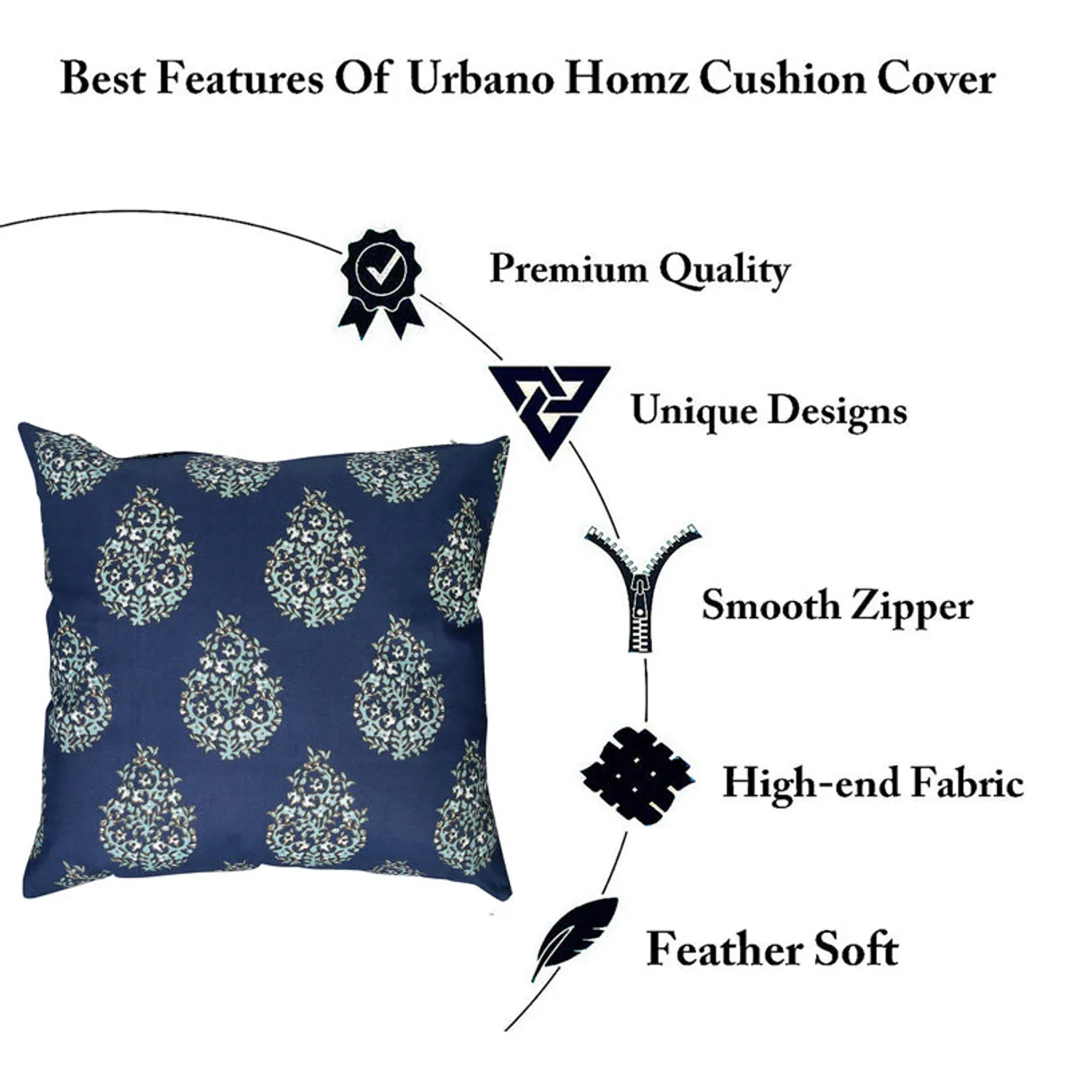 Single blue cushion cover with repeating floral ethnic motif on a white background