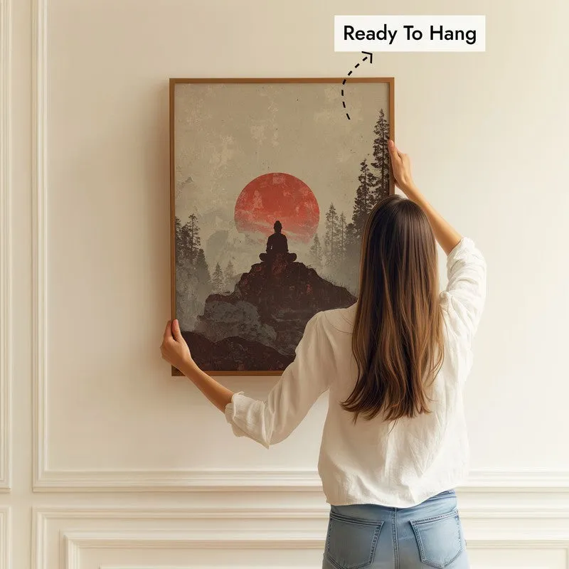 Crimson Sun III Over Silent Peaks Wall Painting With Brown Frame media 4