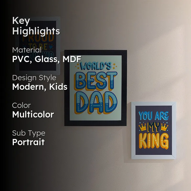 Dad-themed multicolour wall art set of three with key highlights text overlay