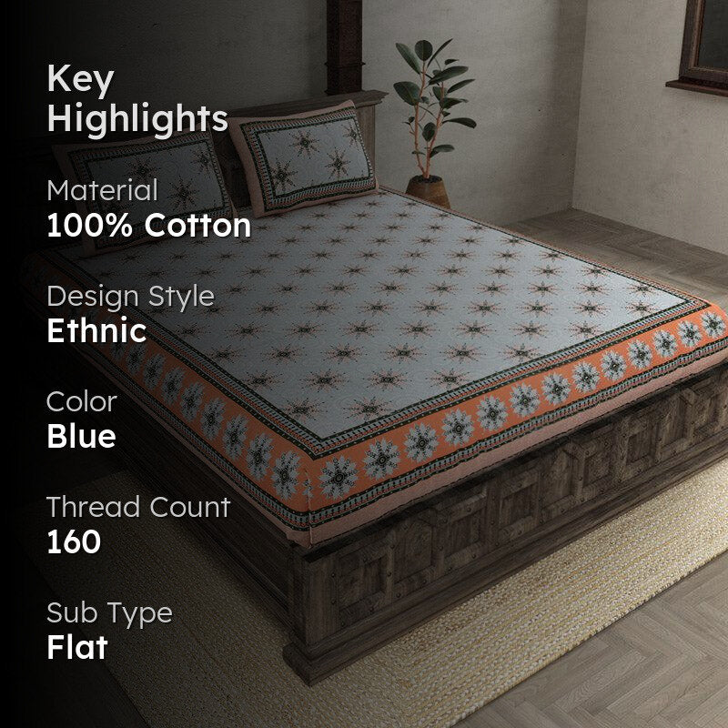 Taara Ethnic Printed Cotton Bedsheet (Blue,Orange) - 160 TC media 2
