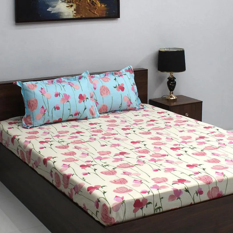 Prisha Floral Cotton Bedsheet (Blue,Pink) - 110 TC media 3